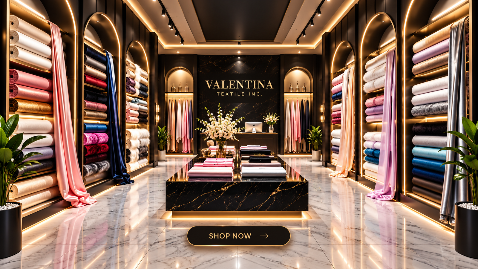 Valentina Textile luxury fabric showroom with premium fabric rolls, illuminated gold arches and marble flooring