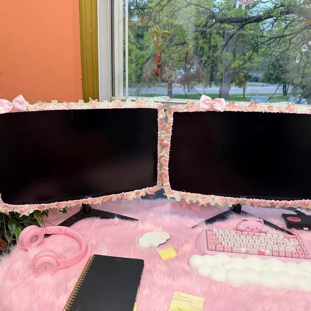 Customer creation by Olivia — baby pink shaggy faux fur desk setup