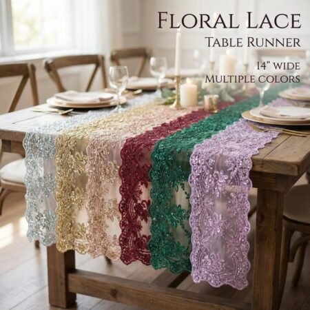 Floral Lace Table Runner Fabric by the Yard - Embroidered Sequin Lace, 14" Wide - VT-18