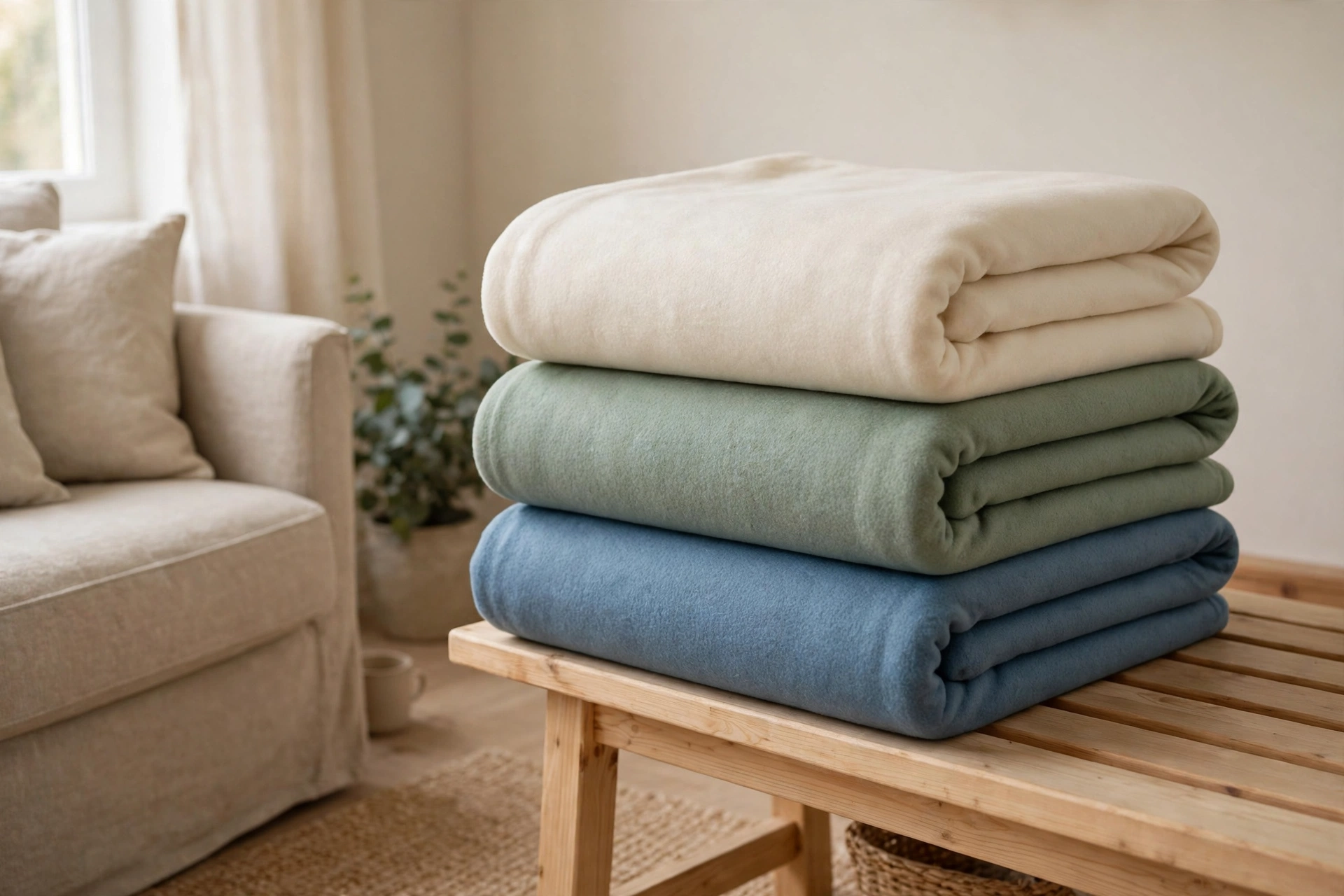 Stack of soft anti-pill fleece blankets in cream, sage and blue