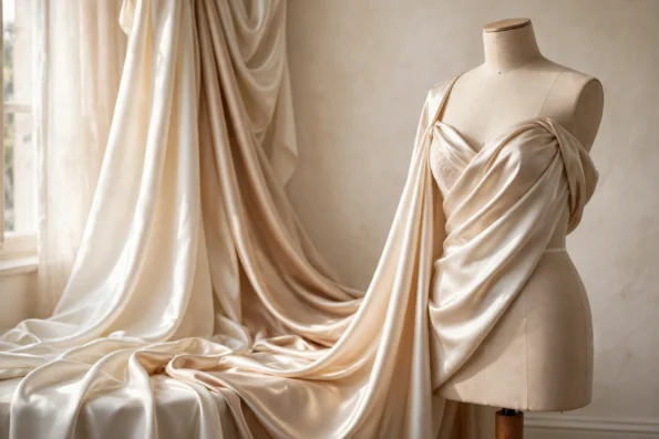 Bridal satin fabric in ivory for wedding gowns — smooth lustrous finish