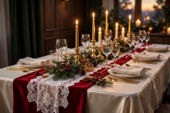 Festive Christmas table with a red velvet runner, satin tablecloth and white lace runner, gold candles and greenery
