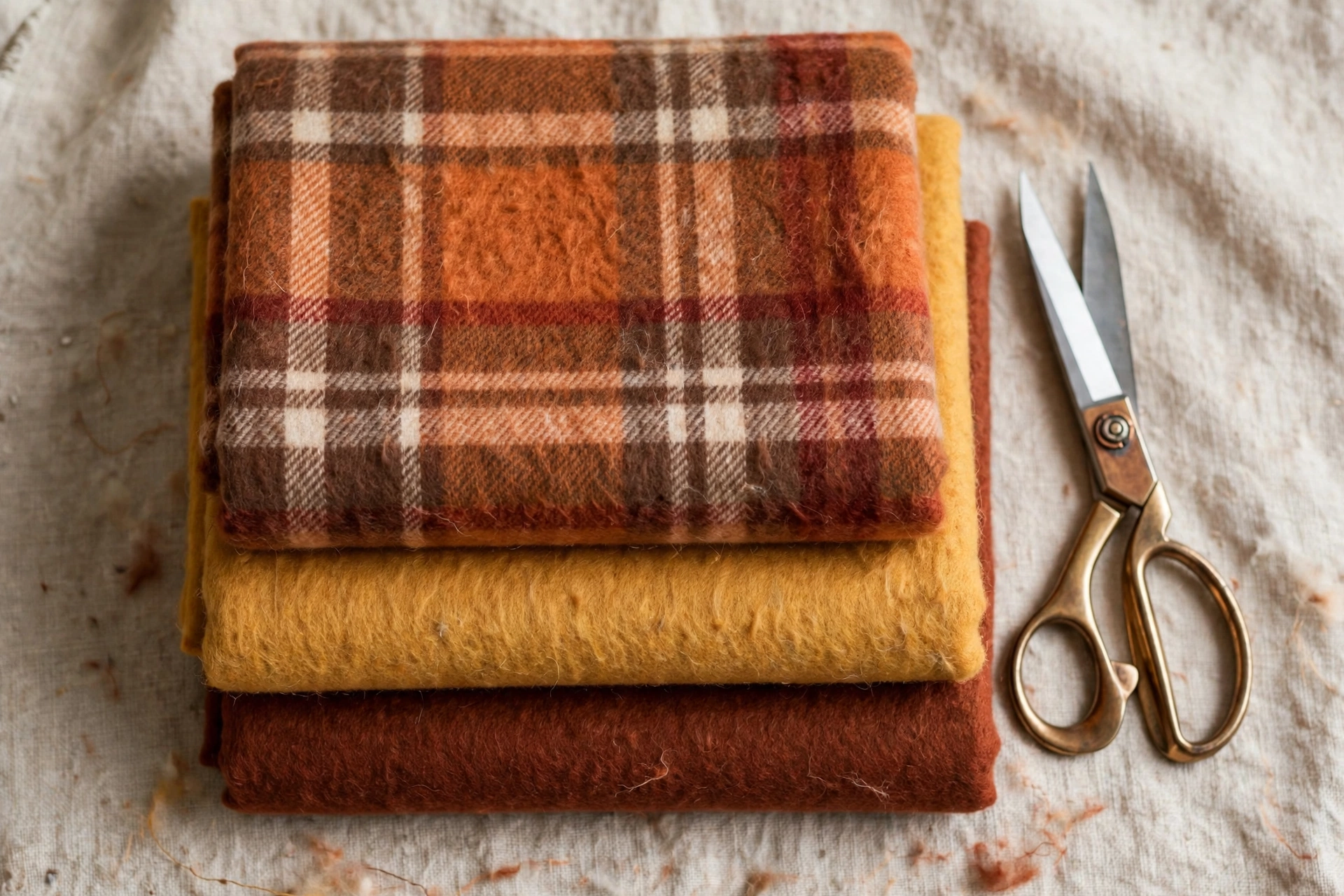 Stack of soft cotton flannel fabric in plaid and solid colours