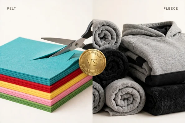 Felt vs fleece fabric comparison — colorful acrylic felt sheets and soft fleece fabric rolls