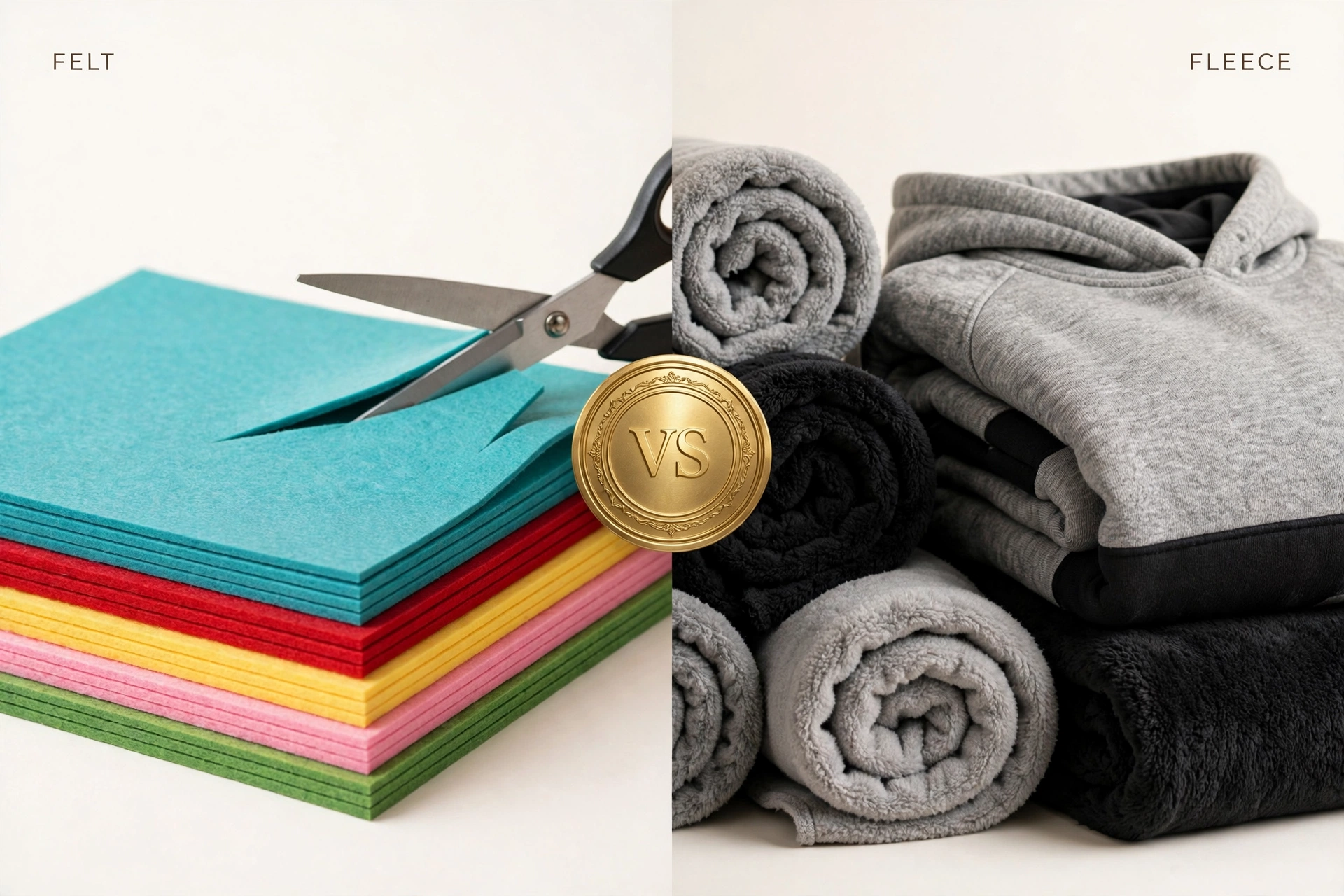 Felt vs fleece fabric comparison — colorful acrylic felt sheets and soft fleece fabric rolls