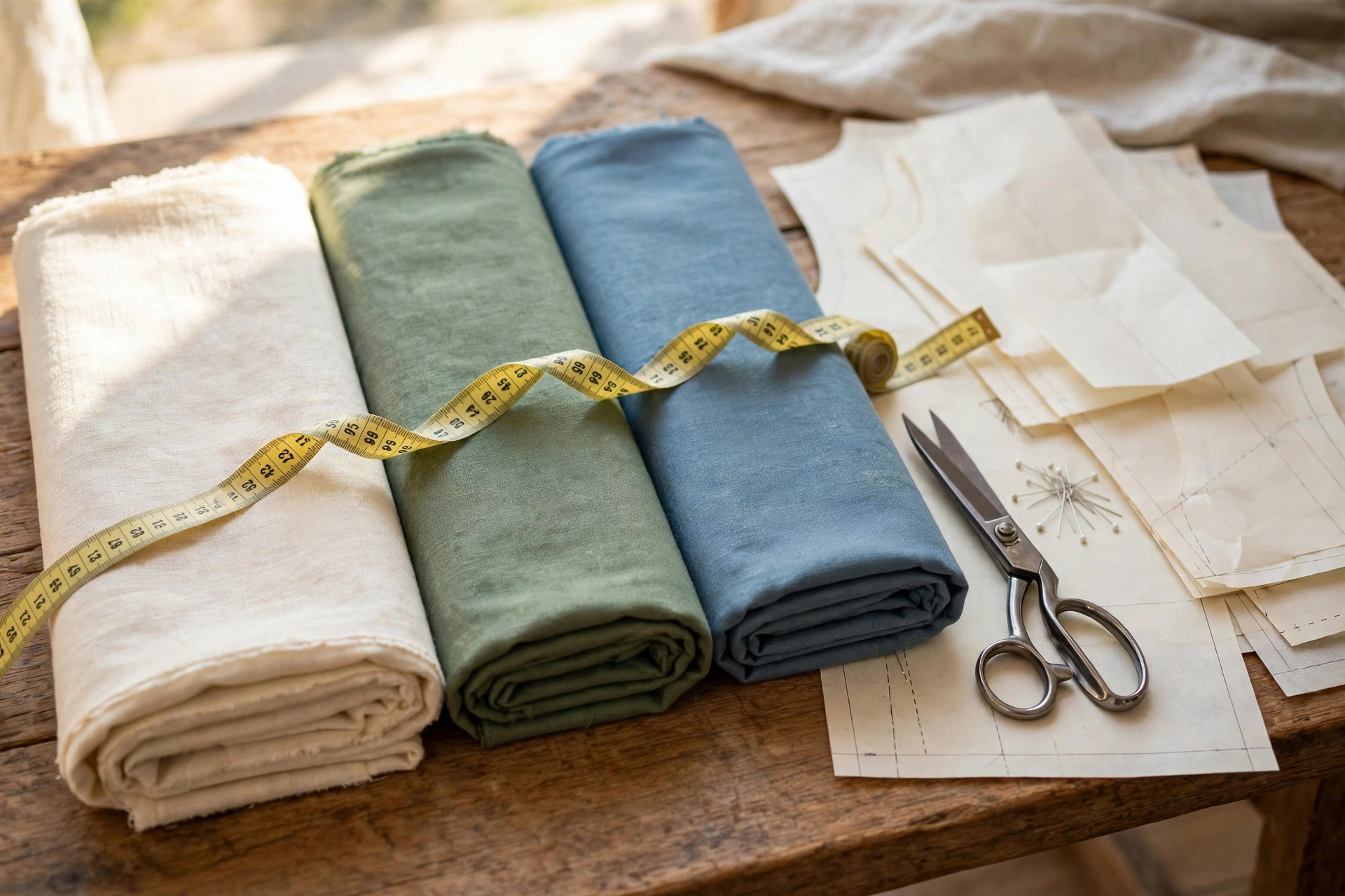 Fabric rolls in cream, sage and blue with a measuring tape, scissors and a sewing pattern