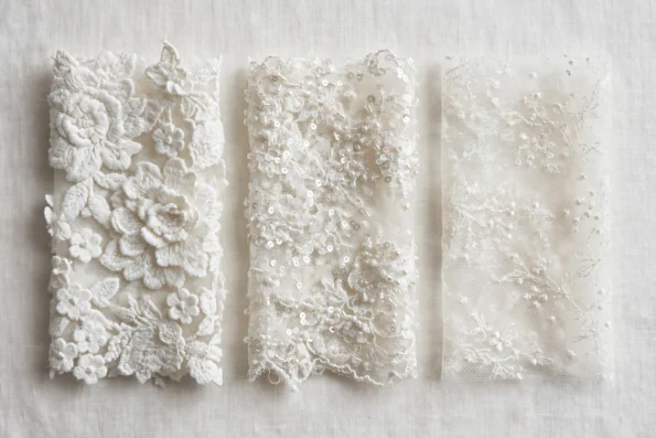 Three lace swatches: raised 3D floral lace, beaded sequin lace, and delicate embroidered mesh lace