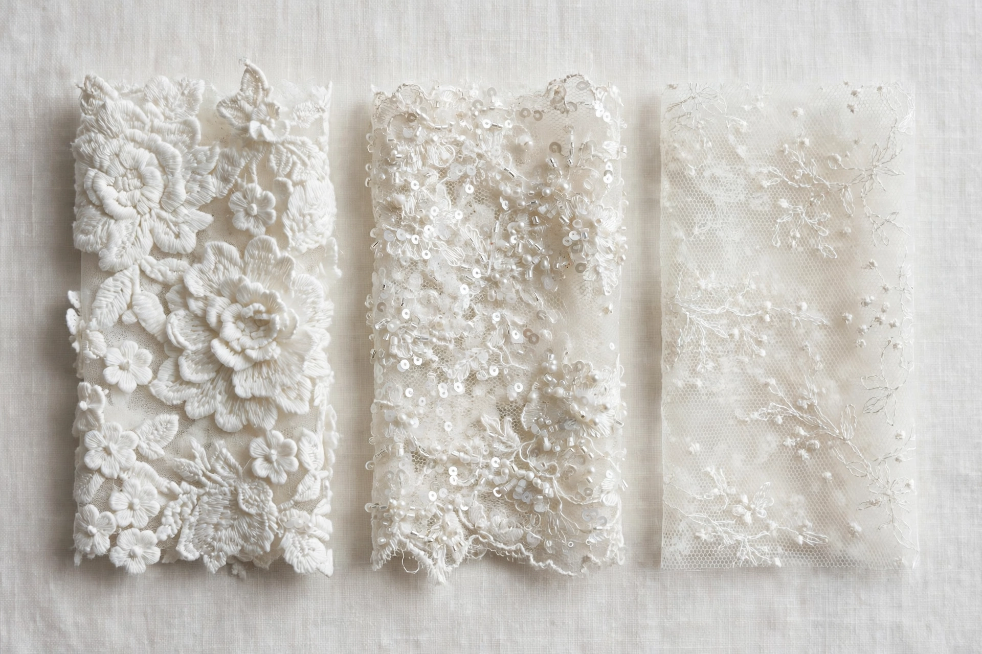 Three lace swatches: raised 3D floral lace, beaded sequin lace, and delicate embroidered mesh lace