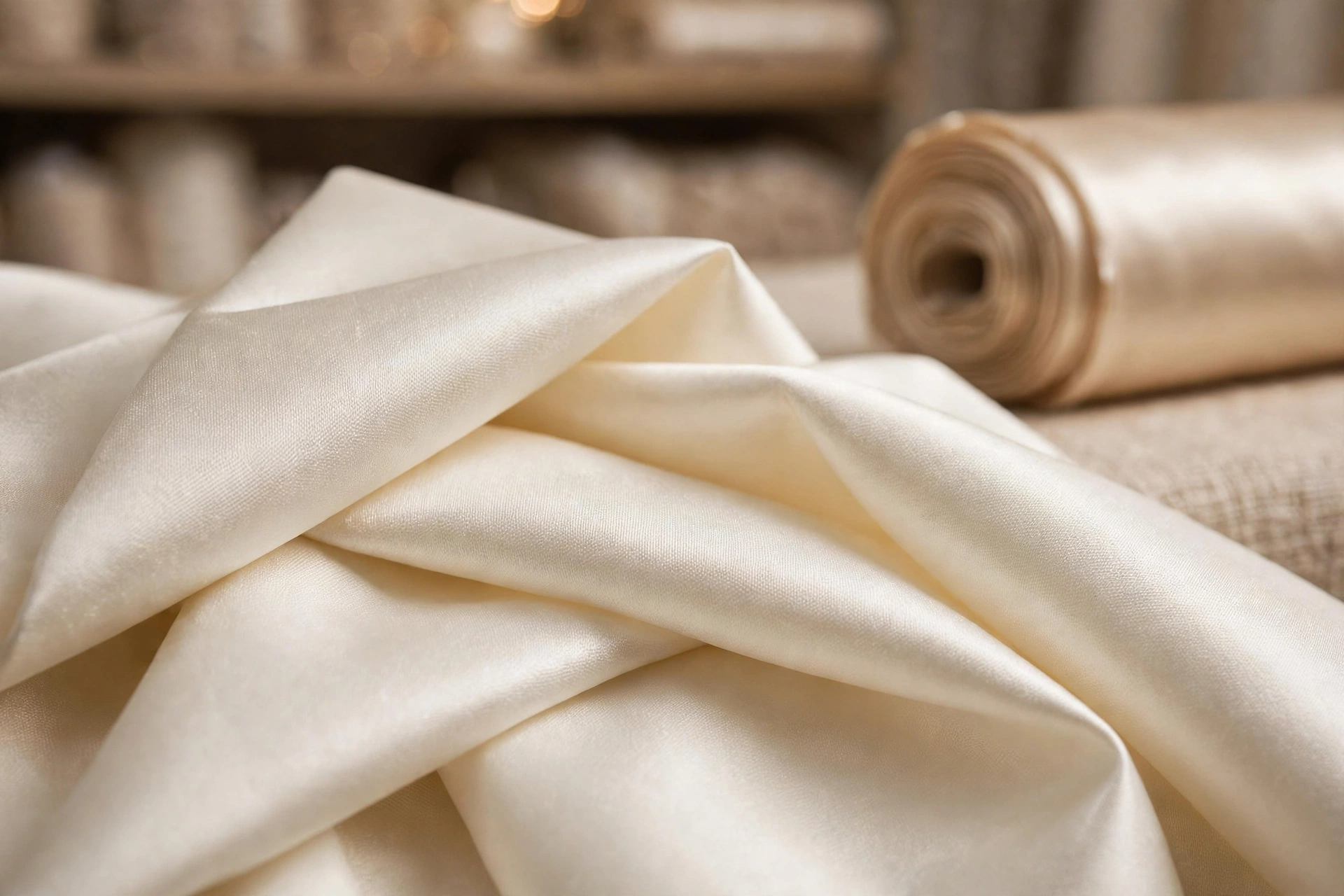 Mikado satin fabric for structured wedding gowns — subtle sheen twill weave