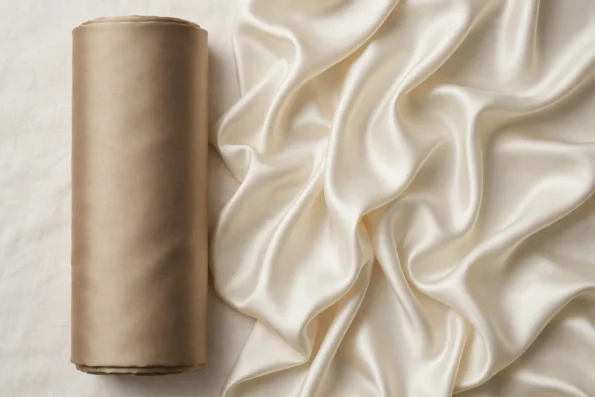 Structured satin roll beside fluid ivory charmeuse satin drape