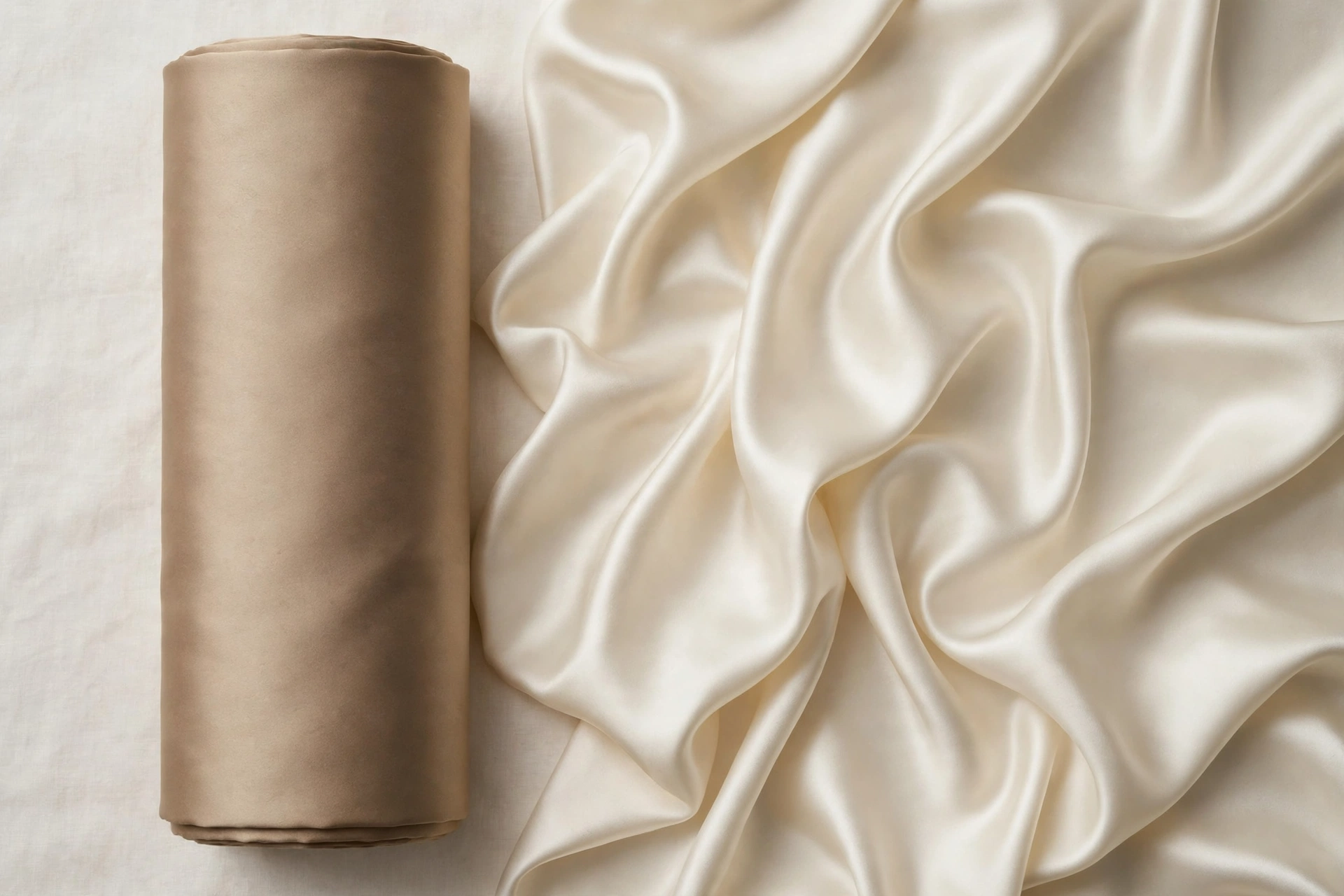 Structured satin roll beside fluid ivory charmeuse satin drape
