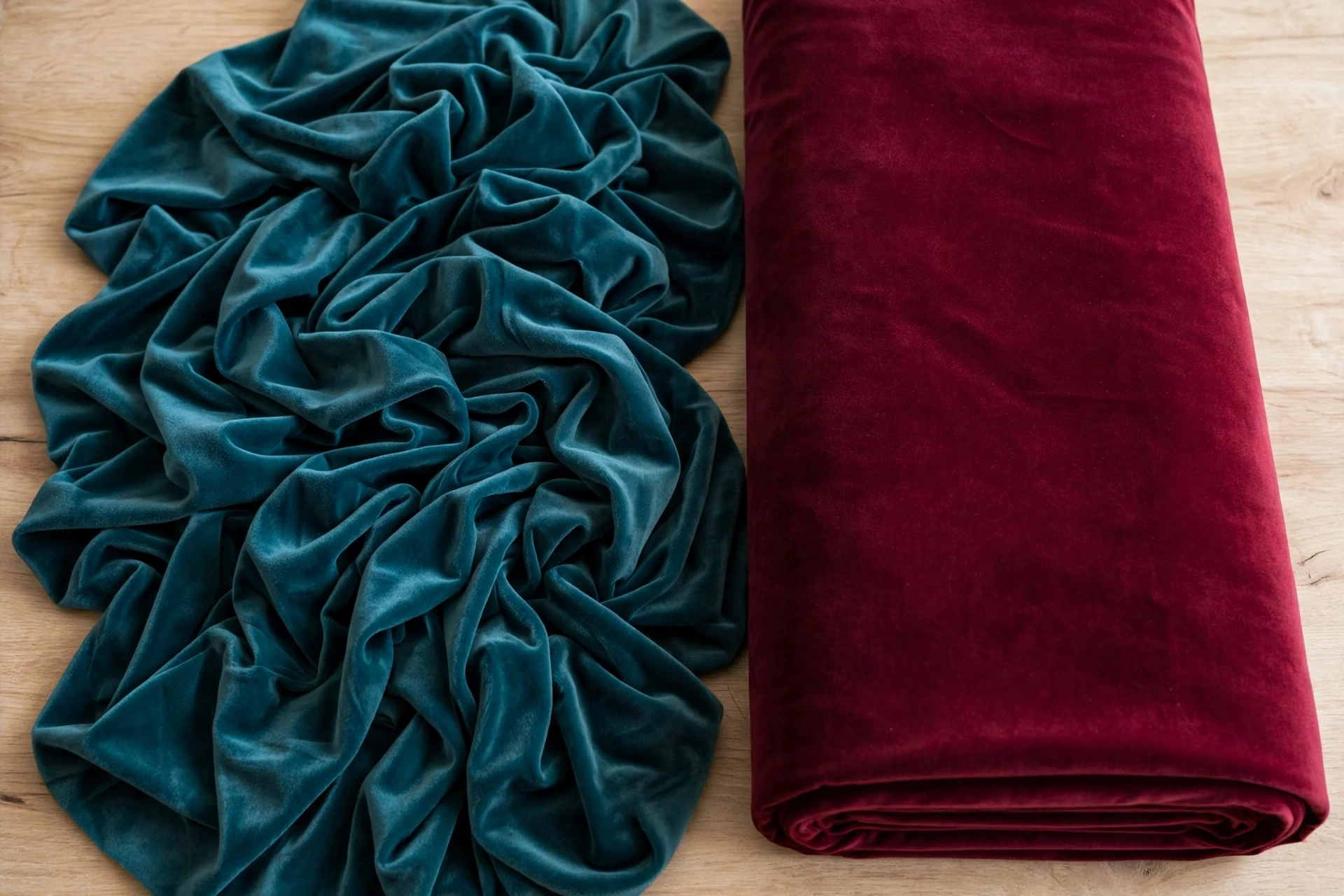Stretch velvet in teal beside structured royal velvet in burgundy