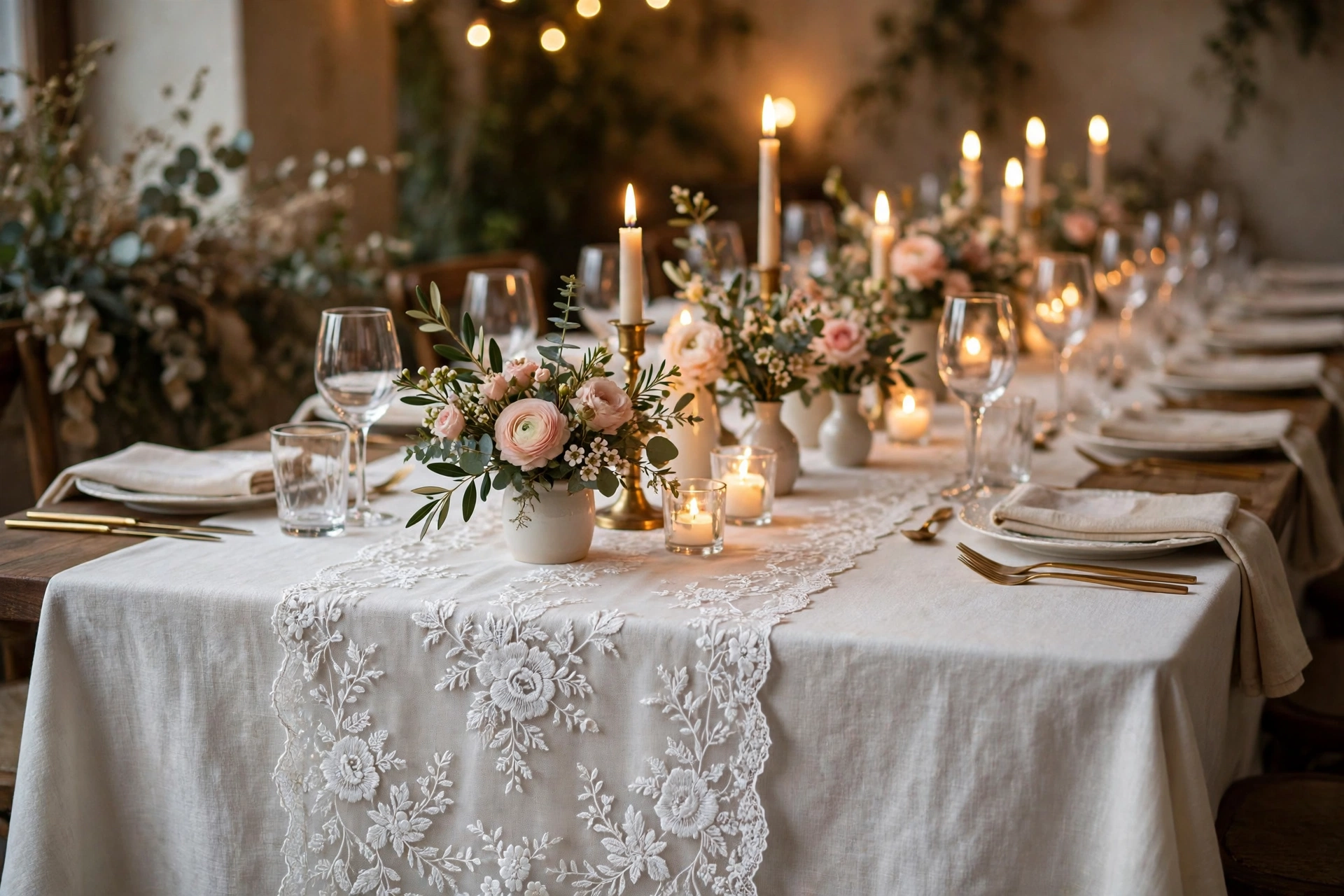 Event table with white lace runner and candles