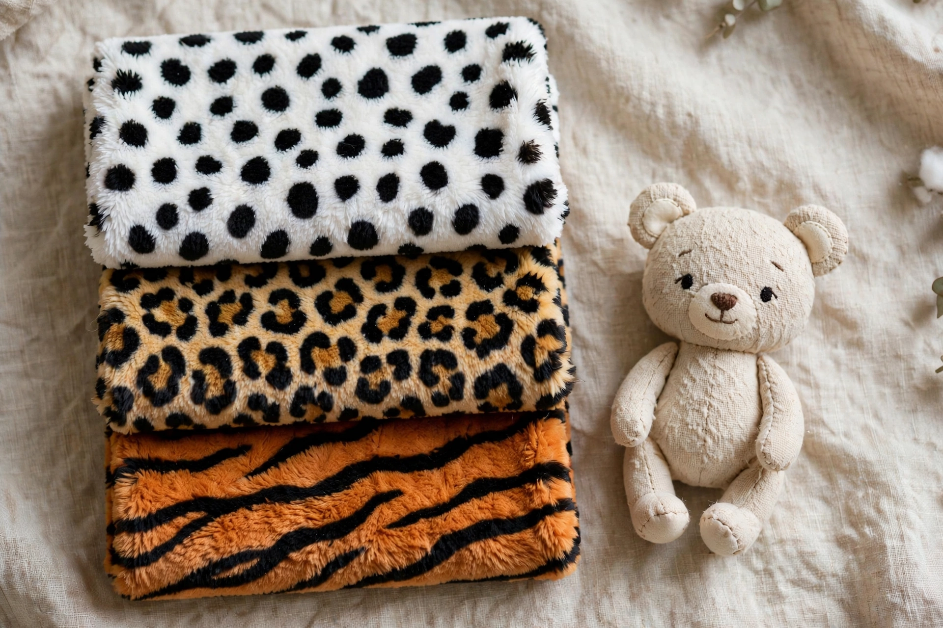 Folded velboa fabric in dalmatian, leopard and tiger animal prints beside a plush teddy bear