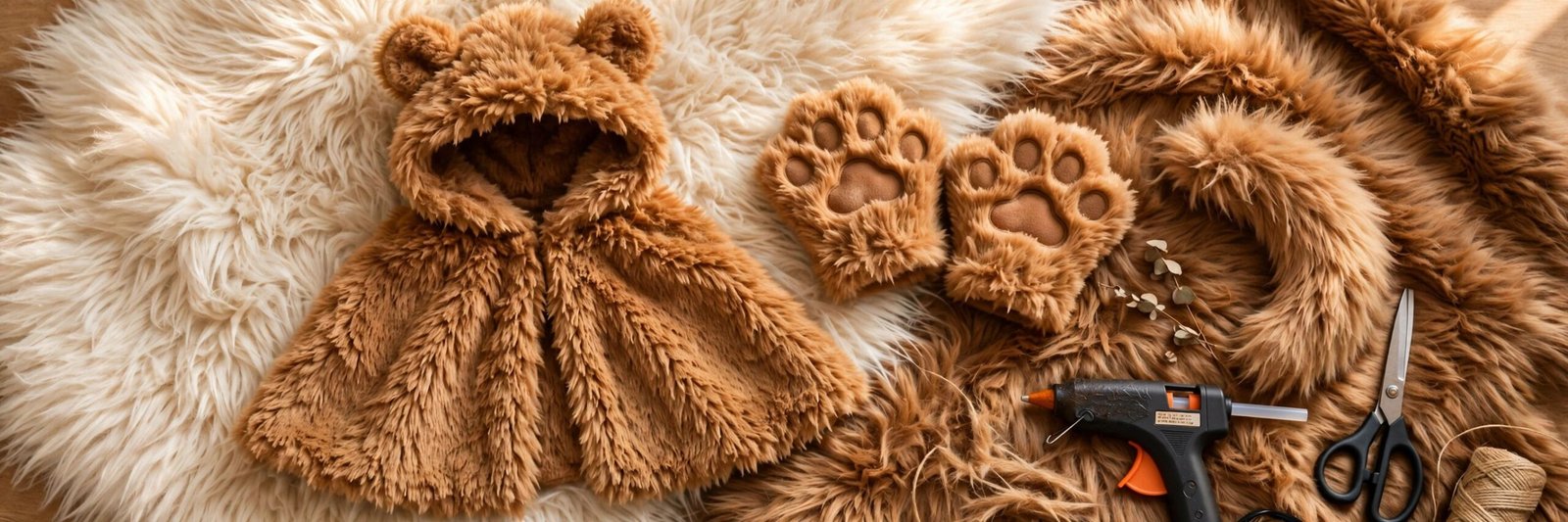 DIY no-sew faux fur Halloween costume — bear hood cape, paw mittens and tail on shaggy faux fur