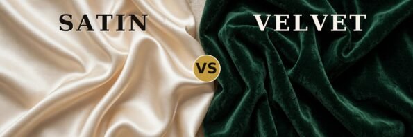 Satin vs velvet fabric comparison — champagne satin beside emerald green velvet