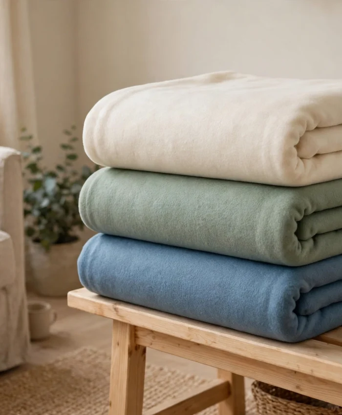 Stack of soft anti-pill fleece blankets in cream, sage and blue