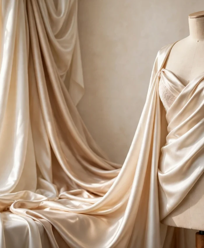 Bridal satin fabric in ivory for wedding gowns — smooth lustrous finish