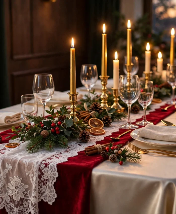 Festive Christmas table with a red velvet runner, satin tablecloth and white lace runner, gold candles and greenery