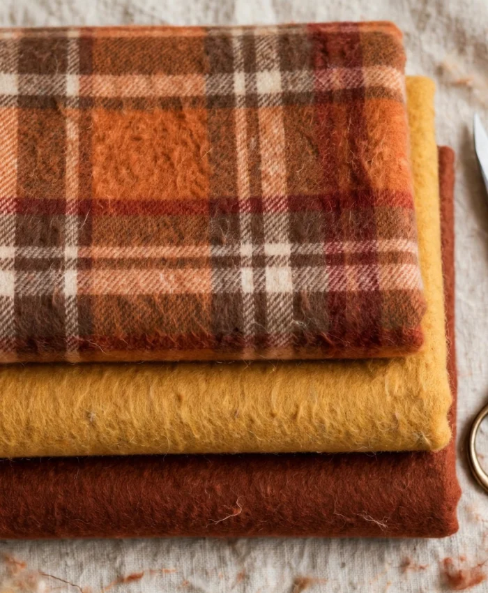 Stack of soft cotton flannel fabric in plaid and solid colours