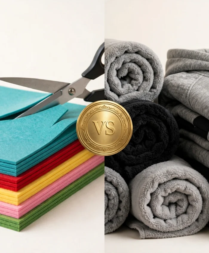 Felt vs fleece fabric comparison — colorful acrylic felt sheets and soft fleece fabric rolls