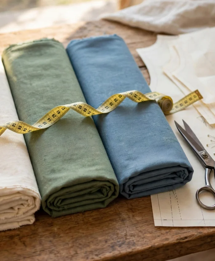 Fabric rolls in cream, sage and blue with a measuring tape, scissors and a sewing pattern