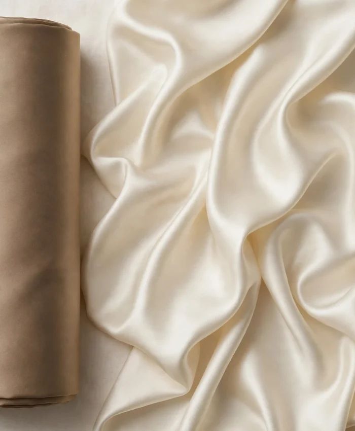 Structured satin roll beside fluid ivory charmeuse satin drape