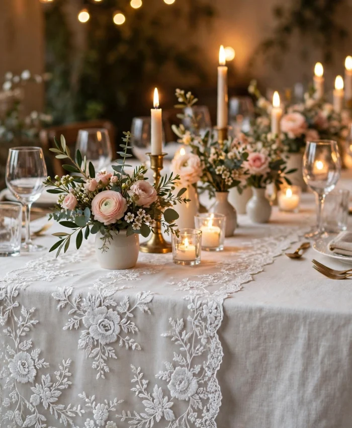 Event table with white lace runner and candles