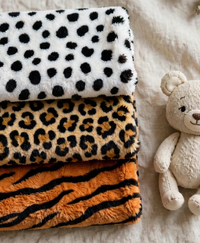Folded velboa fabric in dalmatian, leopard and tiger animal prints beside a plush teddy bear