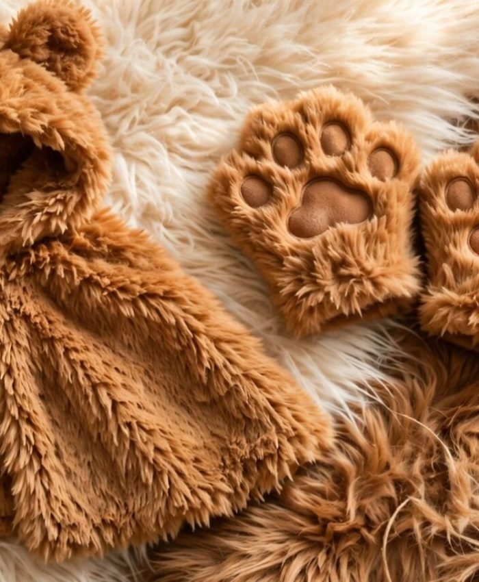 DIY no-sew faux fur Halloween costume — bear hood cape, paw mittens and tail on shaggy faux fur