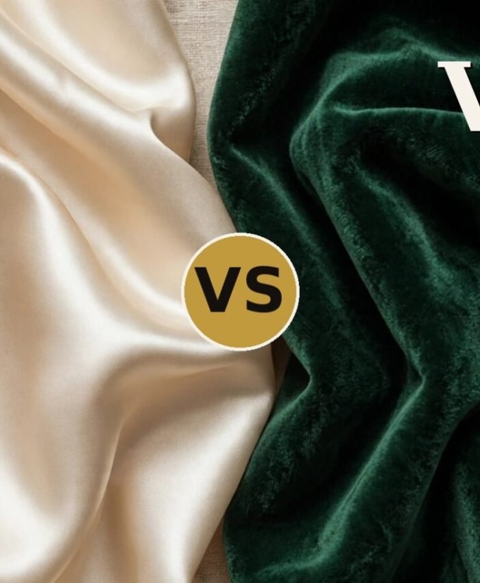 Satin vs velvet fabric comparison — champagne satin beside emerald green velvet